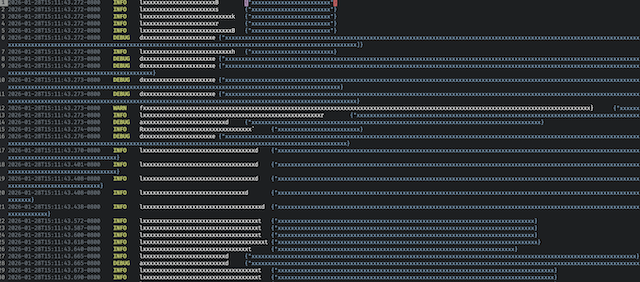 A screenshot of my highlighted logs, with the logs heavily redacted, showing the timestamp, log level, log string, andjson data in different colors and sizes