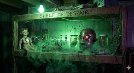A shelf of abandoned projects labeled 'Shelf of Despair'